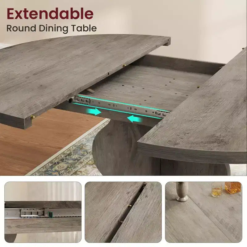 Table à manger ronde extensible 63" pour 4 à 8 personnes, table de cuisine ovale en bois de style ferme, plateau épais, pieds ondulés larges, cercle, pour dîner, salle à manger, appartement