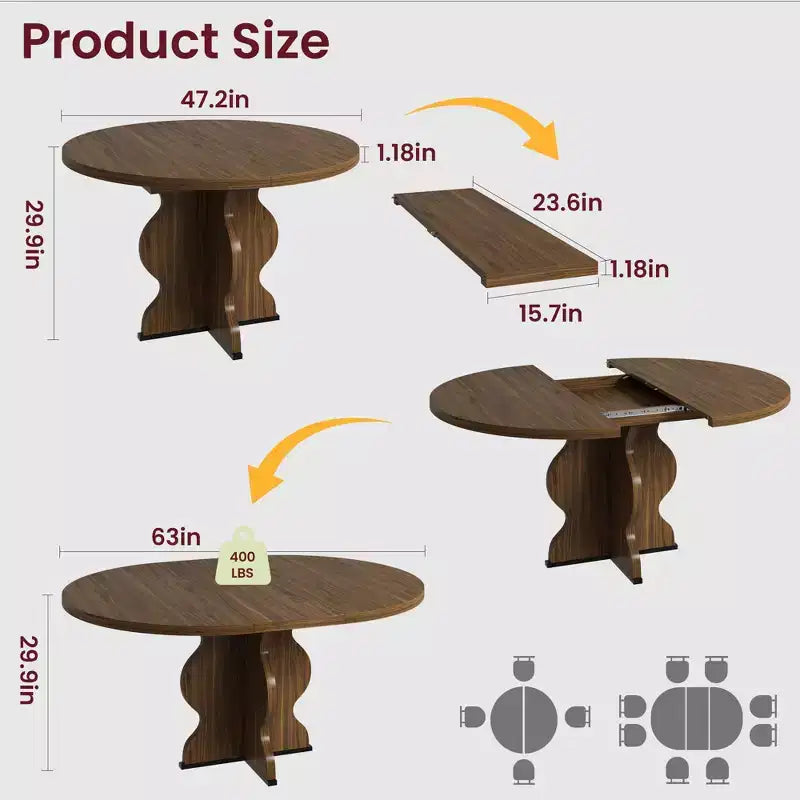 Table à manger ronde extensible 63" pour 4 à 8 personnes, table de cuisine ovale en bois de style ferme, plateau épais, pieds ondulés larges, cercle, pour dîner, salle à manger, appartement