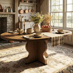 Table à manger ronde extensible 63" pour 4 à 8 personnes, table de cuisine ovale en bois de style ferme, plateau épais, pieds ondulés larges, cercle, pour dîner, salle à manger, appartement