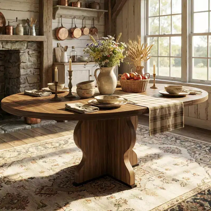 Table à manger ronde extensible 63" pour 4 à 8 personnes, table de cuisine ovale en bois de style ferme, plateau épais, pieds ondulés larges, cercle, pour dîner, salle à manger, appartement