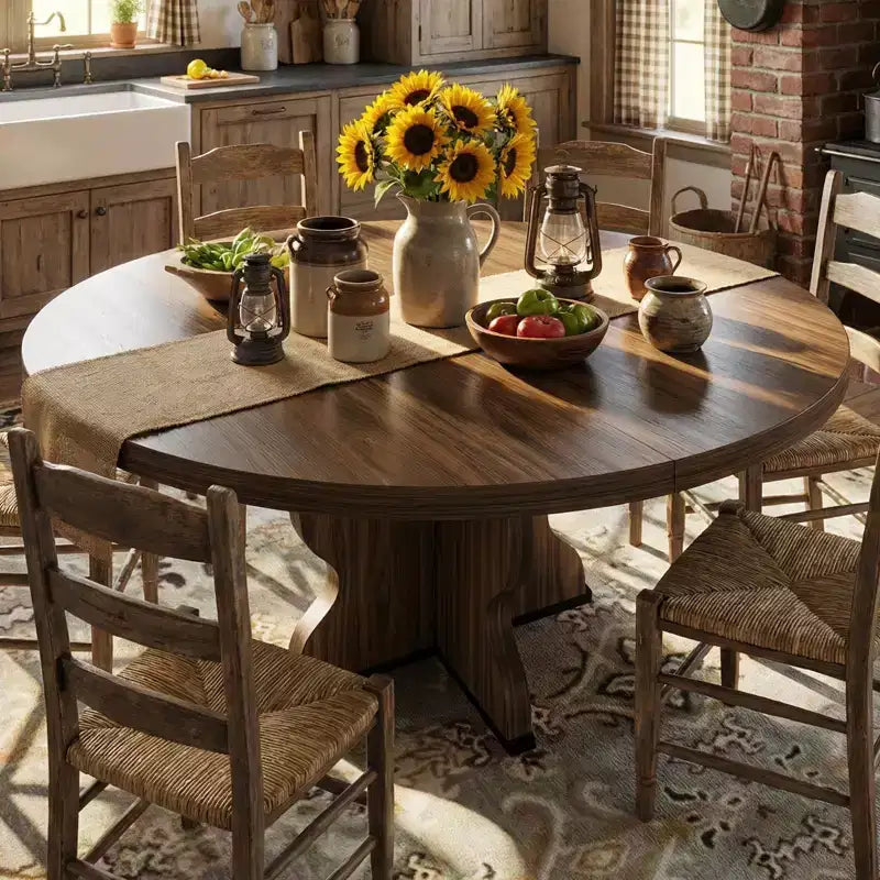 Table à manger ronde extensible 63" pour 4 à 8 personnes, table de cuisine ovale en bois de style ferme, plateau épais, pieds ondulés larges, cercle, pour dîner, salle à manger, appartement