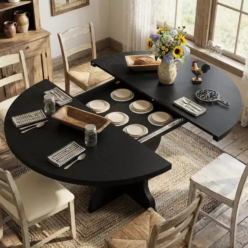 Table à manger ronde extensible 63" pour 4 à 8 personnes, table de cuisine ovale en bois de style ferme, plateau épais, pieds ondulés larges, cercle, pour dîner, salle à manger, appartement