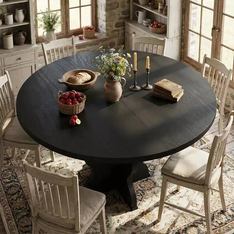 Table à manger ronde extensible 63" pour 4 à 8 personnes, table de cuisine ovale en bois de style ferme, plateau épais, pieds ondulés larges, cercle, pour dîner, salle à manger, appartement