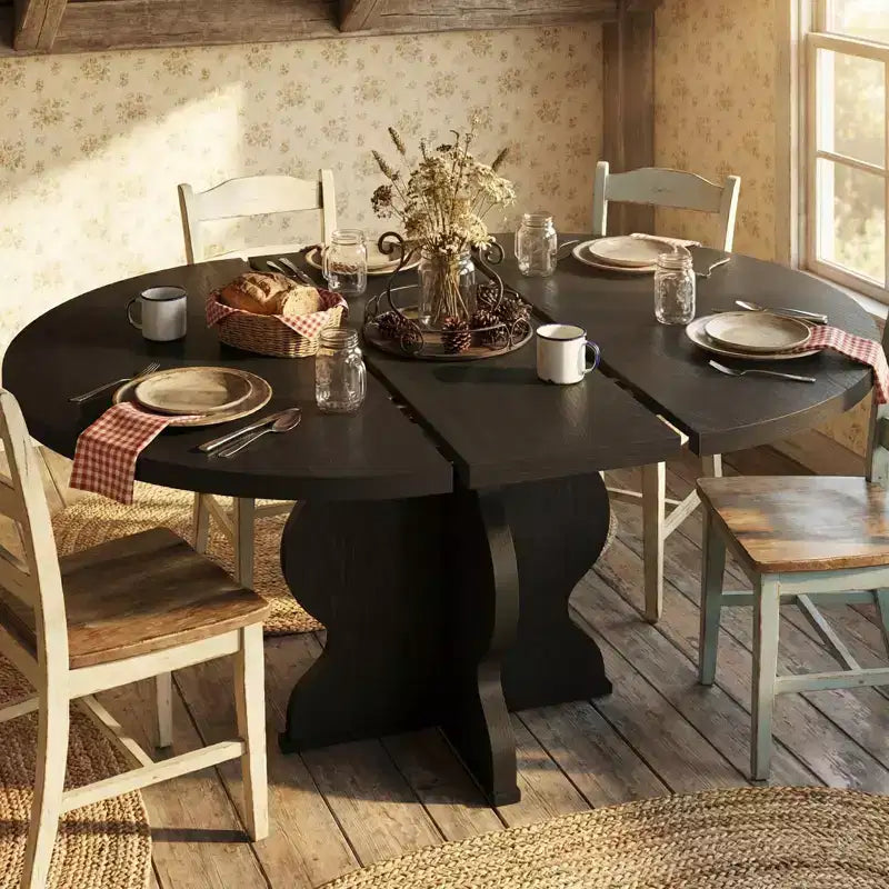Table à manger ronde extensible 63" pour 4 à 8 personnes, table de cuisine ovale en bois de style ferme, plateau épais, pieds ondulés larges, cercle, pour dîner, salle à manger, appartement