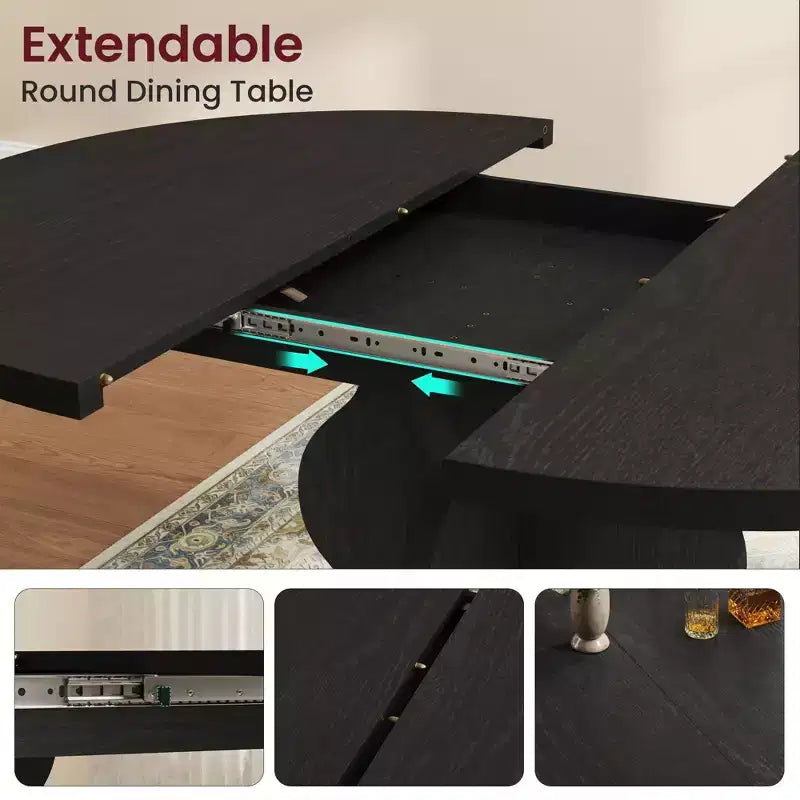 Table à manger ronde extensible 63" pour 4 à 8 personnes, table de cuisine ovale en bois de style ferme, plateau épais, pieds ondulés larges, cercle, pour dîner, salle à manger, appartement