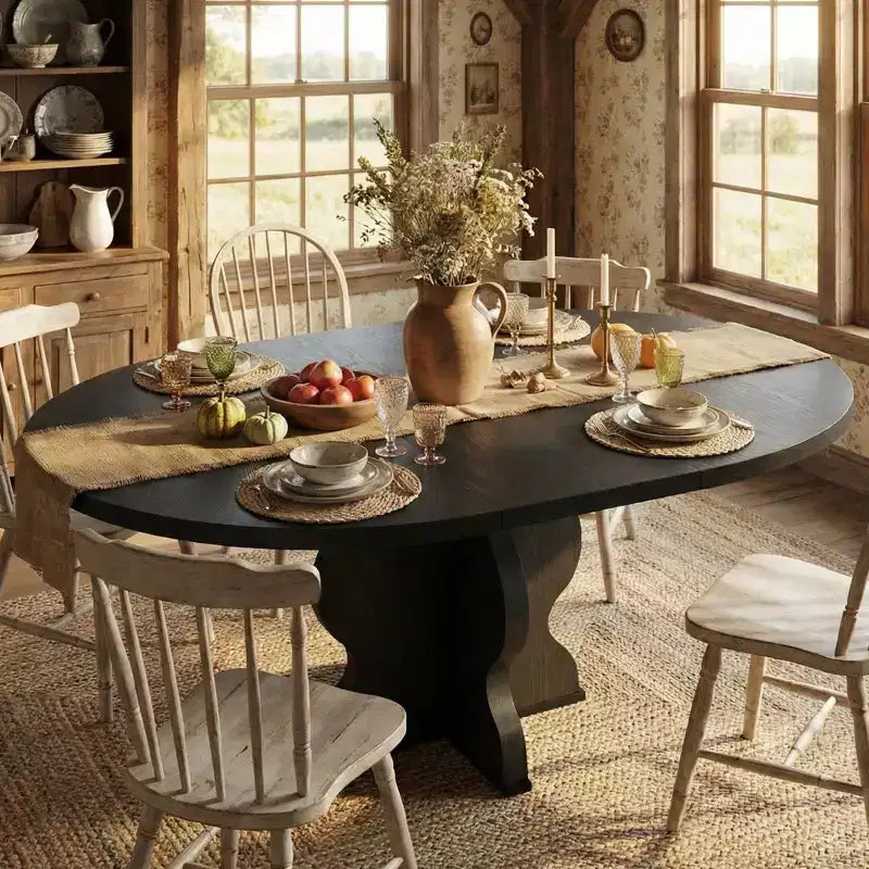 63 Extendable Round Dining Table for 4-8, Farmhouse Wood Oval Kitchen Table, Thick Top, Wider Wavy Leg, Circle, for Dinner, Dining, Apartment