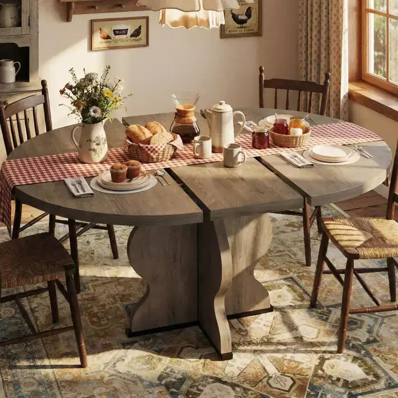 Table à manger ronde extensible 63" pour 4 à 8 personnes, table de cuisine ovale en bois de style ferme, plateau épais, pieds ondulés larges, cercle, pour dîner, salle à manger, appartement