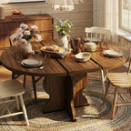 Table à manger ronde extensible 63" pour 4 à 8 personnes, table de cuisine ovale en bois de style ferme, plateau épais, pieds ondulés larges, cercle, pour dîner, salle à manger, appartement