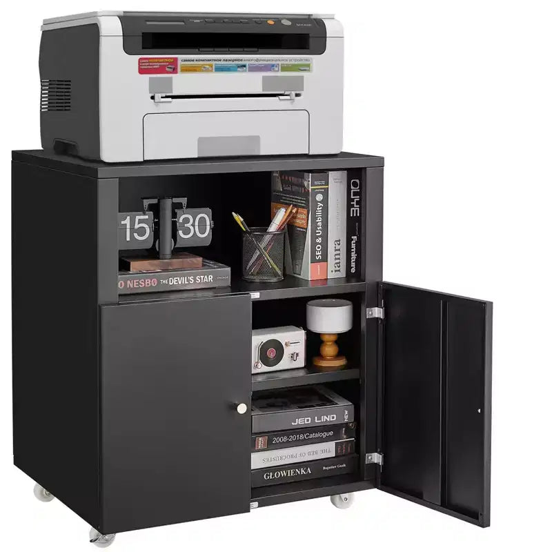 Meuble d'imprimante métallique avec rangement, armoire d'imprimante roulante robuste avec portes, grand support d'imprimante à roulettes pour copieur de bureau, télécopieur