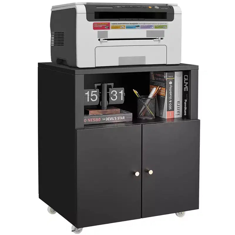 Meuble d'imprimante métallique avec rangement, armoire d'imprimante roulante robuste avec portes, grand support d'imprimante à roulettes pour copieur de bureau, télécopieur