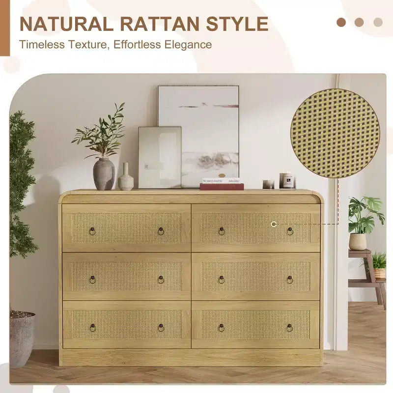 Commode en rotin de 117 cm de large à 6 tiroirs – Meuble TV moderne à bords arrondis pour chambre et salon