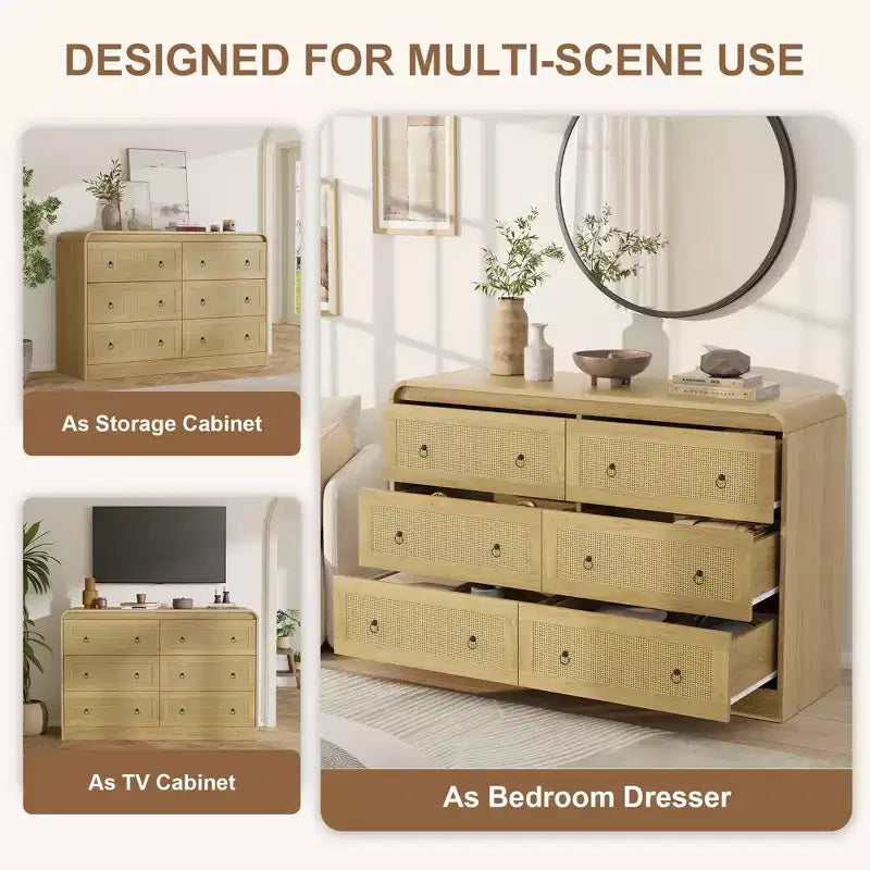 Commode en rotin de 117 cm de large à 6 tiroirs – Meuble TV moderne à bords arrondis pour chambre et salon