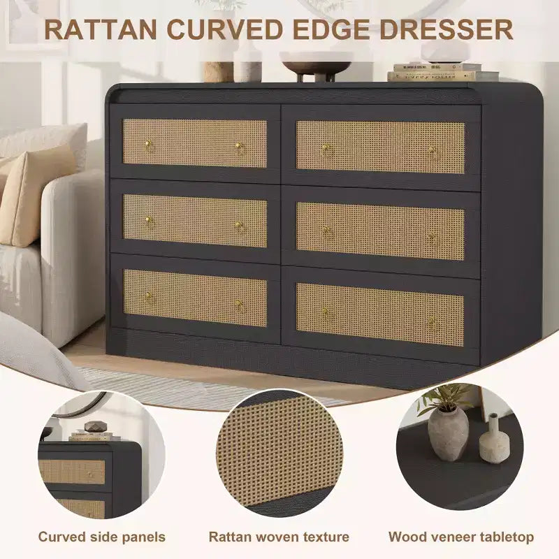 Commode en rotin de 117 cm de large à 6 tiroirs – Meuble TV moderne à bords arrondis pour chambre et salon