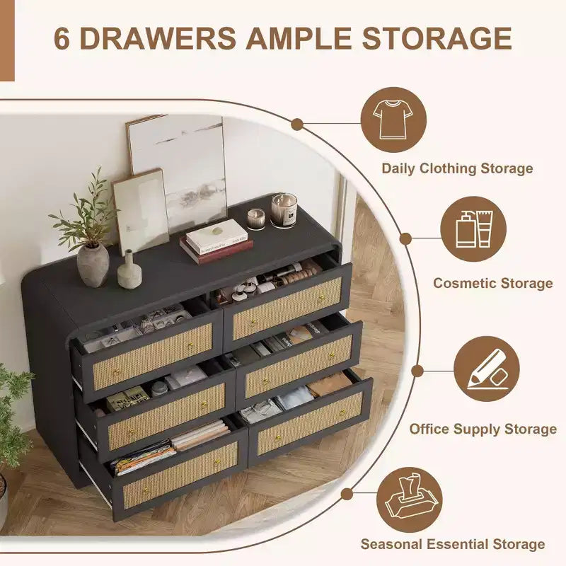 Commode en rotin de 117 cm de large à 6 tiroirs – Meuble TV moderne à bords arrondis pour chambre et salon