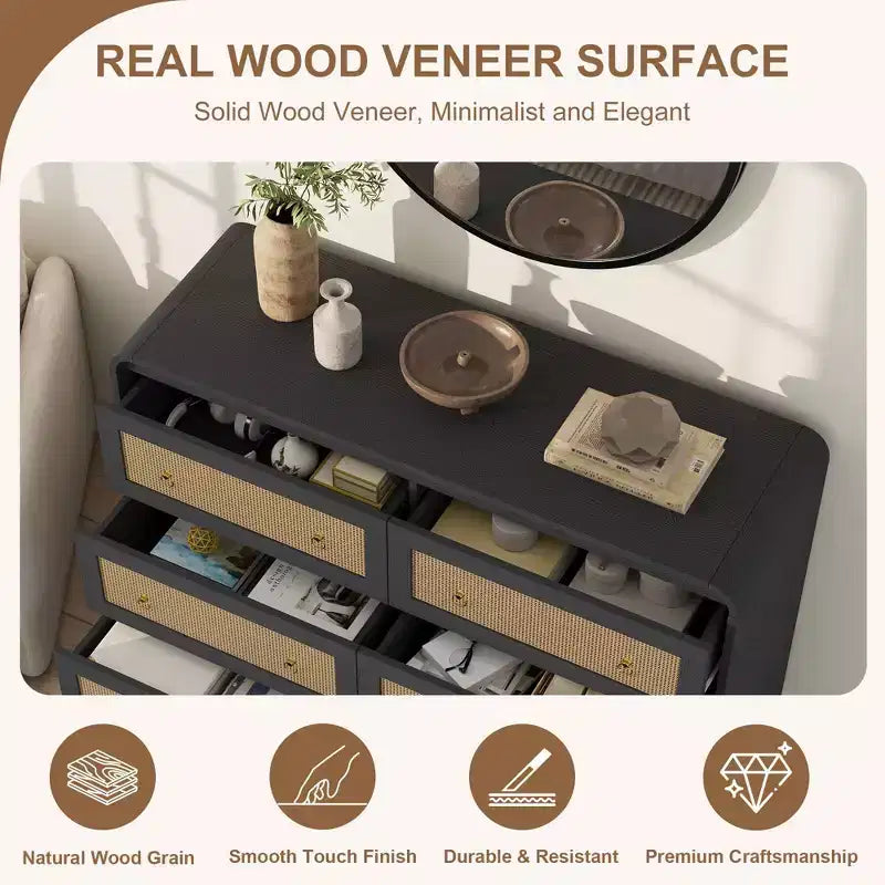 Commode en rotin de 117 cm de large à 6 tiroirs – Meuble TV moderne à bords arrondis pour chambre et salon