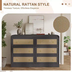Commode en rotin de 117 cm de large à 6 tiroirs – Meuble TV moderne à bords arrondis pour chambre et salon