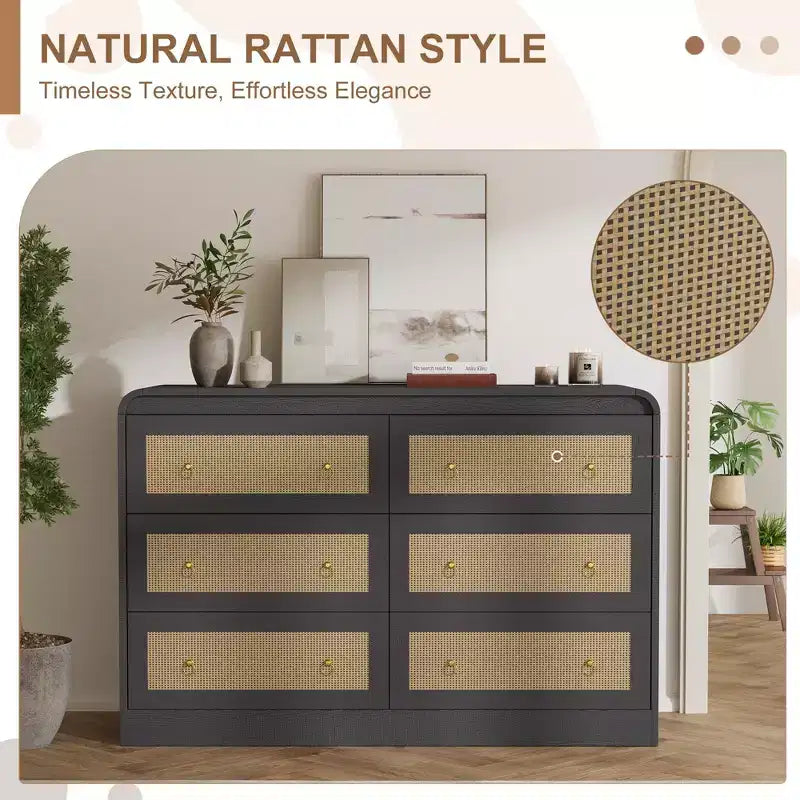 Commode en rotin de 117 cm de large à 6 tiroirs – Meuble TV moderne à bords arrondis pour chambre et salon