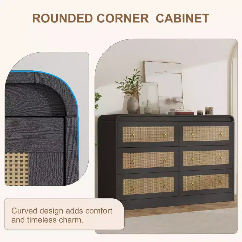 Commode en rotin de 117 cm de large à 6 tiroirs – Meuble TV moderne à bords arrondis pour chambre et salon
