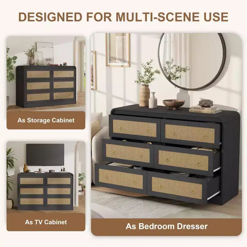 Commode en rotin de 117 cm de large à 6 tiroirs – Meuble TV moderne à bords arrondis pour chambre et salon