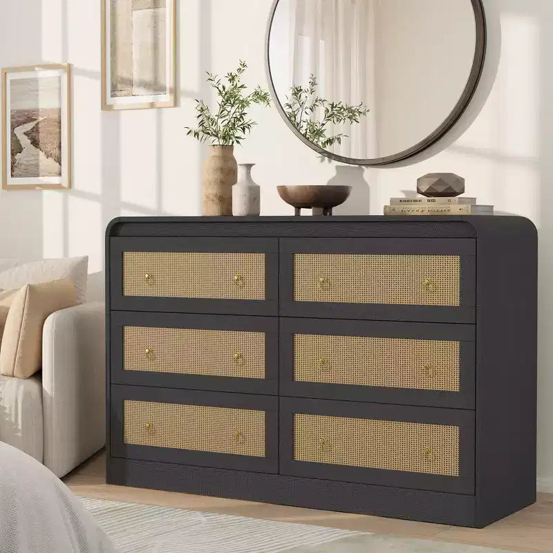46'' Wide Rattan 6-Drawer Dresser - Modern TV Stand with Rounded Corners for Bedroom & Living Room