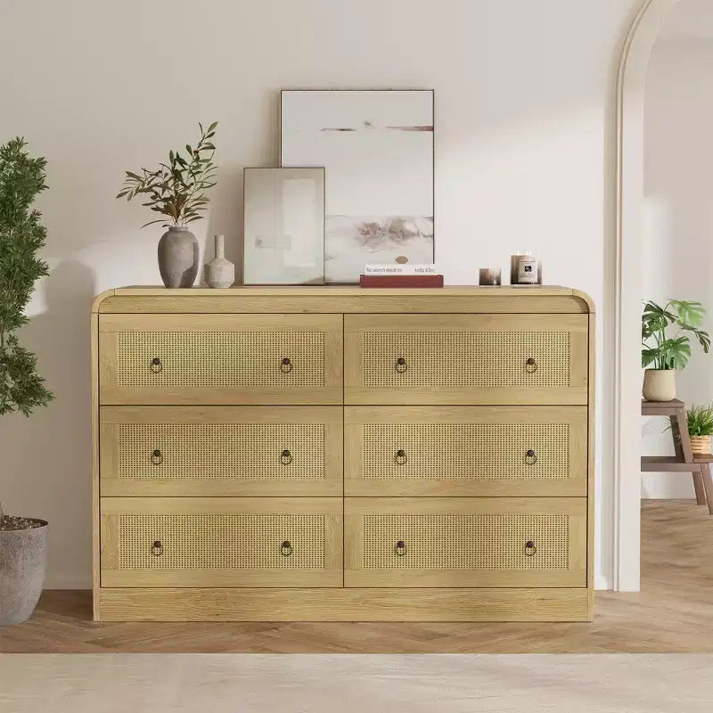 Commode en rotin de 117 cm de large à 6 tiroirs – Meuble TV moderne à bords arrondis pour chambre et salon