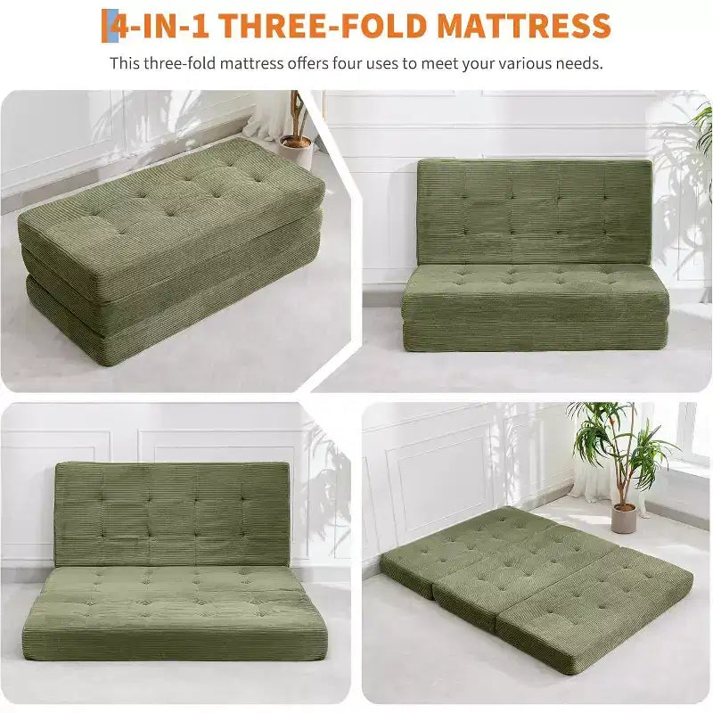 Matelas pliant 6 pouces, canapé-lit pliant avec mousse de support haute densité, lit d'appoint portable pour le camping, le salon, tissu doux en velours côtelé