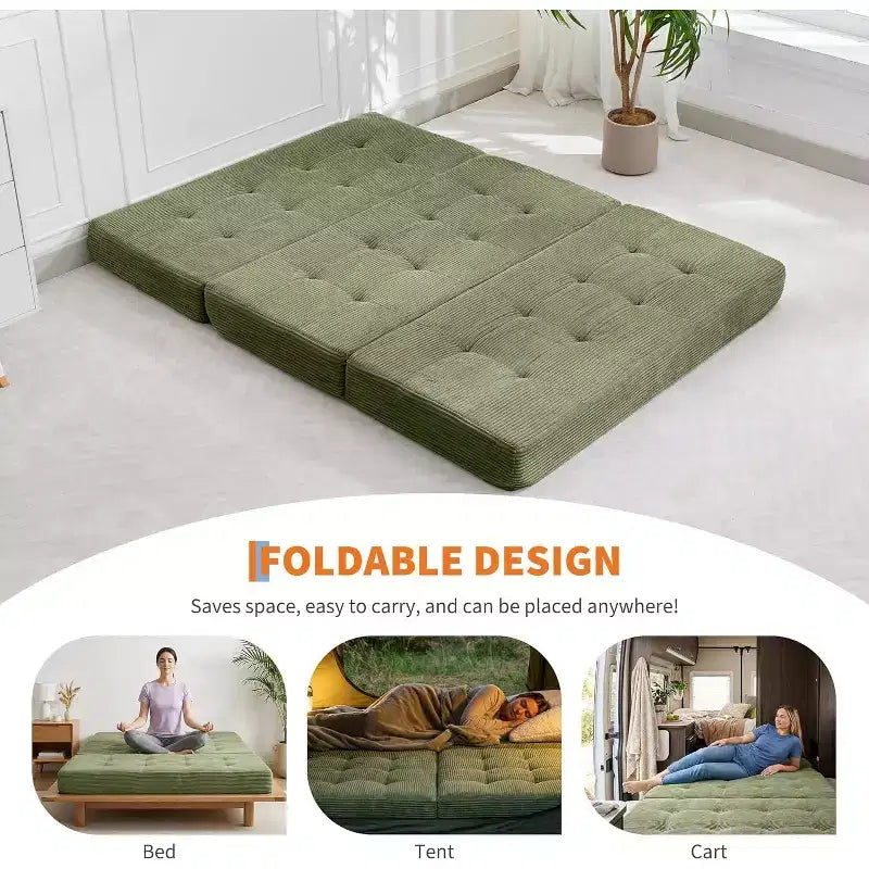 Matelas pliant 6 pouces, canapé-lit pliant avec mousse de support haute densité, lit d'appoint portable pour le camping, le salon, tissu doux en velours côtelé