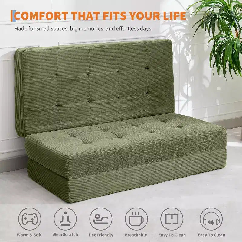 Matelas pliant 6 pouces, canapé-lit pliant avec mousse de support haute densité, lit d'appoint portable pour le camping, le salon, tissu doux en velours côtelé