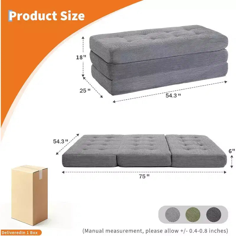 Matelas pliant 6 pouces, canapé-lit pliant avec mousse de support haute densité, lit d'appoint portable pour le camping, le salon, tissu doux en velours côtelé