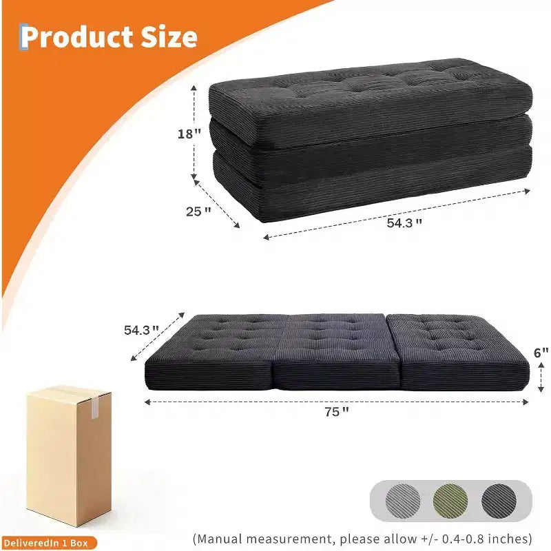 Matelas pliant 6 pouces, canapé-lit pliant avec mousse de support haute densité, lit d'appoint portable pour le camping, le salon, tissu doux en velours côtelé