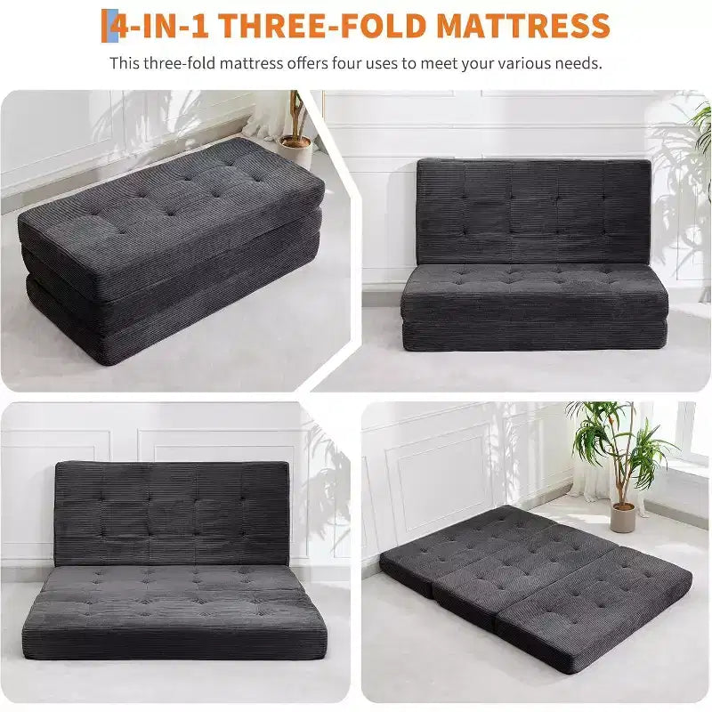 Matelas pliant 6 pouces, canapé-lit pliant avec mousse de support haute densité, lit d'appoint portable pour le camping, le salon, tissu doux en velours côtelé