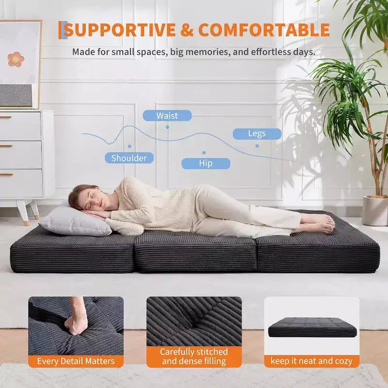 Matelas pliant 6 pouces, canapé-lit pliant avec mousse de support haute densité, lit d'appoint portable pour le camping, le salon, tissu doux en velours côtelé
