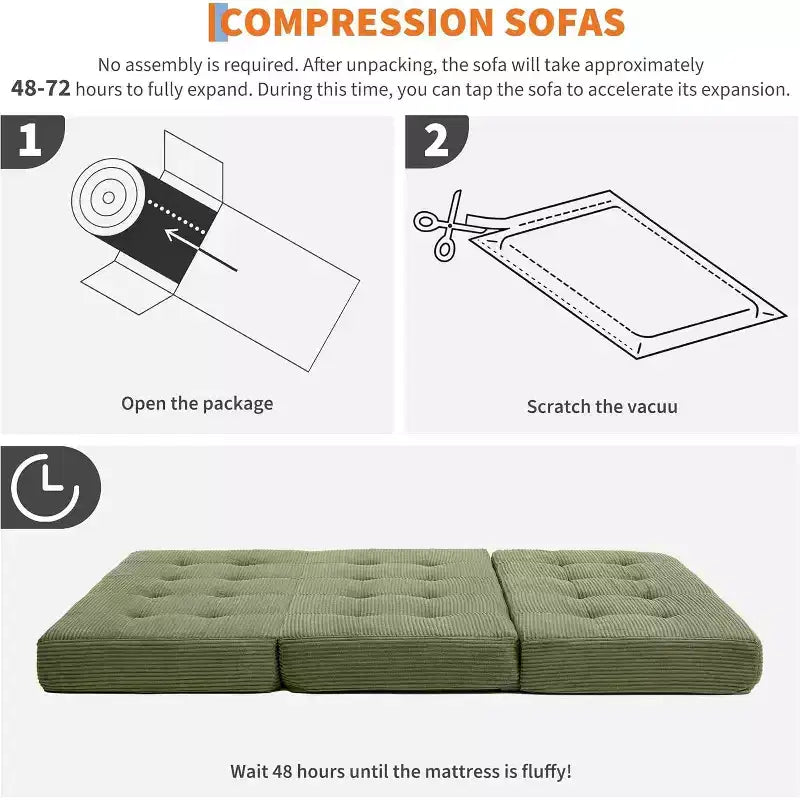 Matelas pliant 6 pouces, canapé-lit pliant avec mousse de support haute densité, lit d'appoint portable pour le camping, le salon, tissu doux en velours côtelé