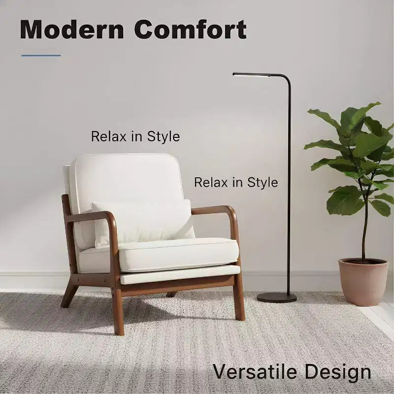 Fauteuil d'appoint moderne du milieu du siècle Summit Adventure avec accoudoirs, coussin lombaire, cadre en bois massif et revêtement crème