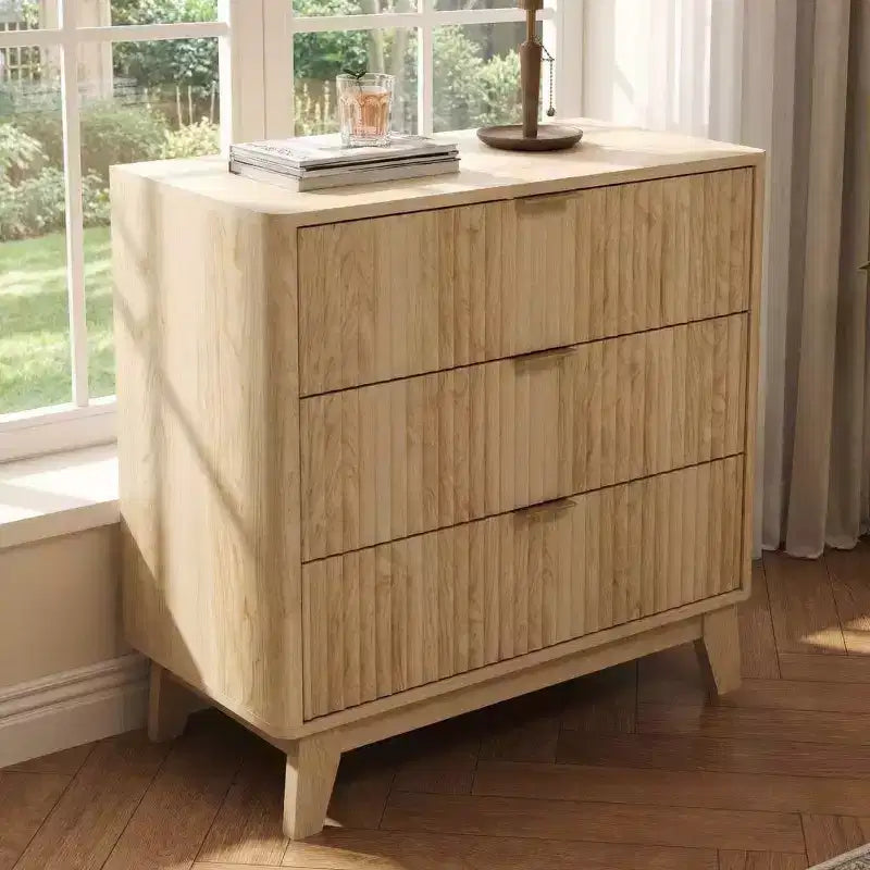 COZONY Table de chevet cannelée à 3 tiroirs, Table de chevet moderne en bois avec grand rangement pour chambre à coucher