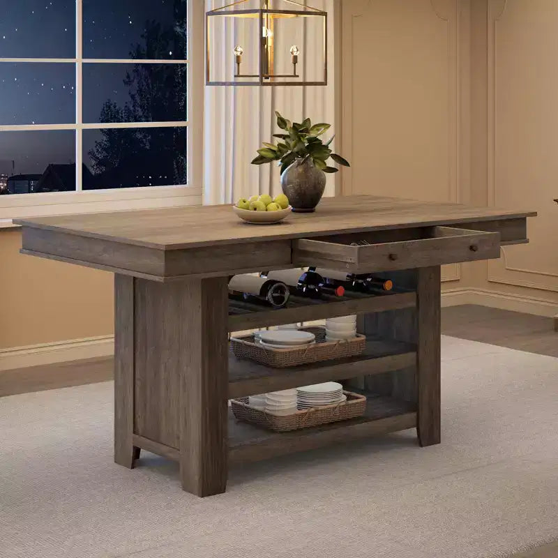 Table de salle à manger hauteur comptoir pour 4-6 personnes, table de salle à manger haute hauteur bar avec casier à vin profond, avec 2 tiroirs et étagères, grand plateau pour cuisine, bar