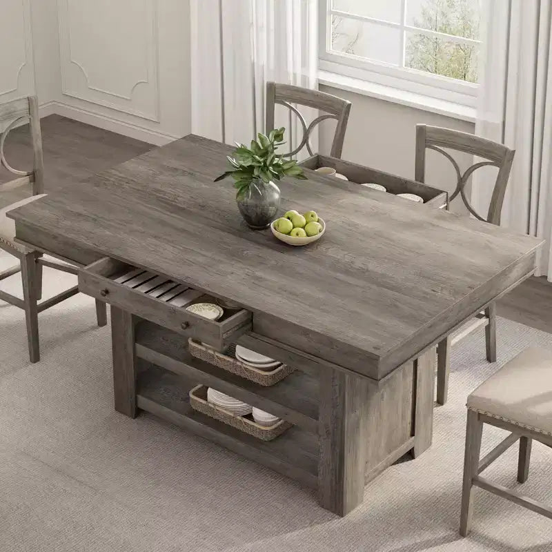 Table de salle à manger hauteur comptoir pour 4-6 personnes, table de salle à manger haute hauteur bar avec casier à vin profond, avec 2 tiroirs et étagères, grand plateau pour cuisine, bar