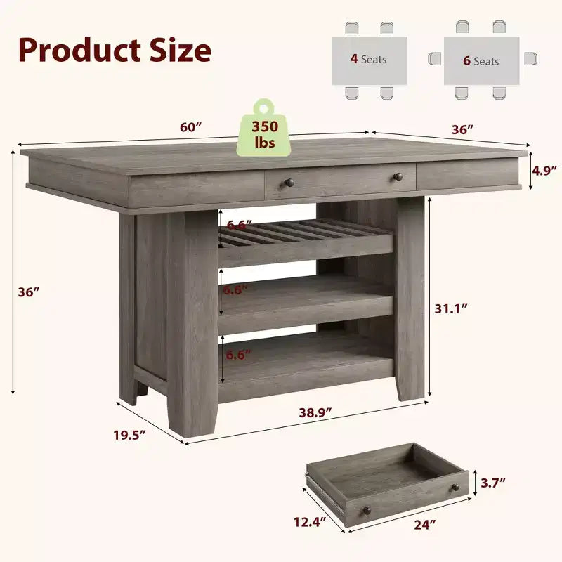 Table de salle à manger hauteur comptoir pour 4-6 personnes, table de salle à manger haute hauteur bar avec casier à vin profond, avec 2 tiroirs et étagères, grand plateau pour cuisine, bar