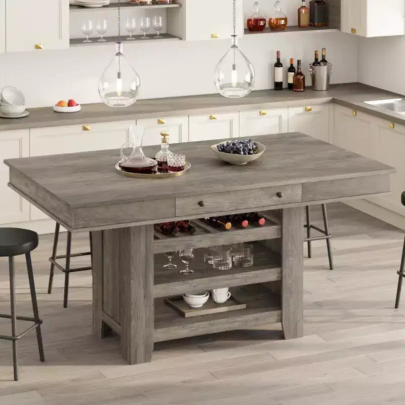 Table de salle à manger hauteur comptoir pour 4-6 personnes, table de salle à manger haute hauteur bar avec casier à vin profond, avec 2 tiroirs et étagères, grand plateau pour cuisine, bar