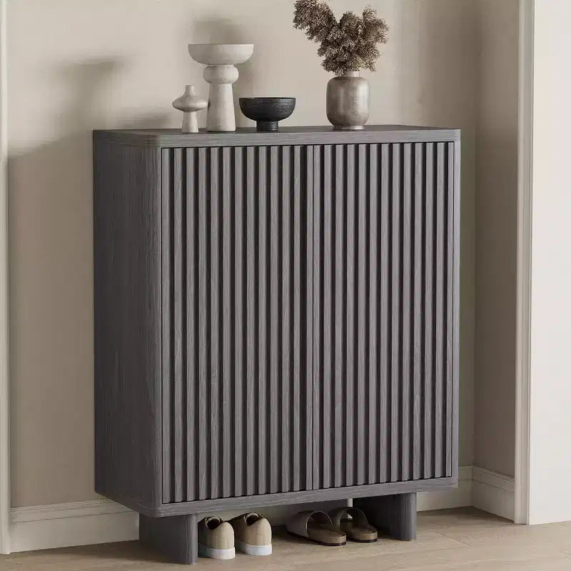 Meuble à chaussures avec porte cannelée, rangement à 5 niveaux avec 4 étagères réglables, banc à chaussures rustique pour couloir, 2 pièces