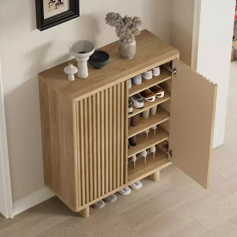 Meuble à chaussures avec porte cannelée, rangement à 5 niveaux avec 4 étagères réglables, banc à chaussures rustique pour couloir, 2 pièces