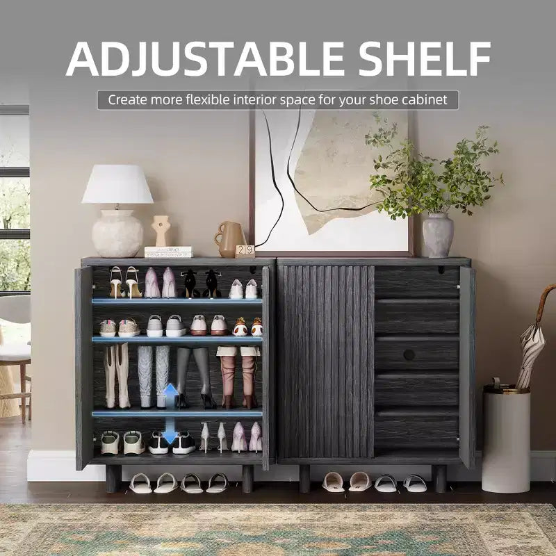 Meuble à chaussures avec porte cannelée, rangement à 5 niveaux avec 4 étagères réglables, banc à chaussures rustique pour couloir, 2 pièces