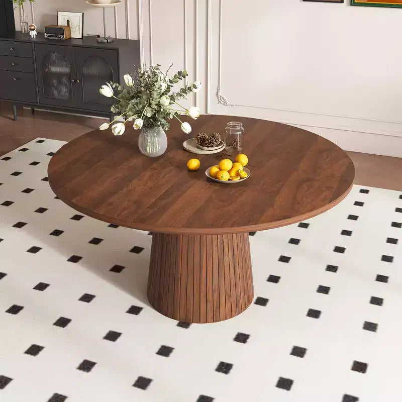 JVNOXK Table à manger ronde 47 en MDF pour 4 personnes, table de cuisine moderne de style campagnard avec piétement en bandes de bois, table ronde finition noyer pour cuisine et salon