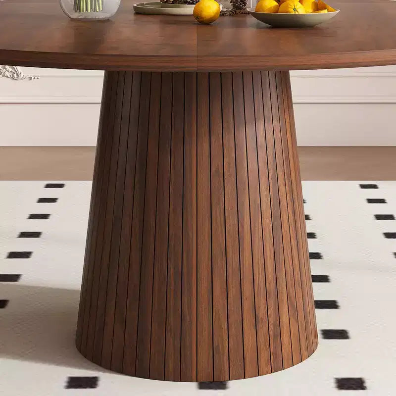 JVNOXK Table à manger ronde 47 en MDF pour 4 personnes, table de cuisine moderne de style campagnard avec piétement en bandes de bois, table ronde finition noyer pour cuisine et salon