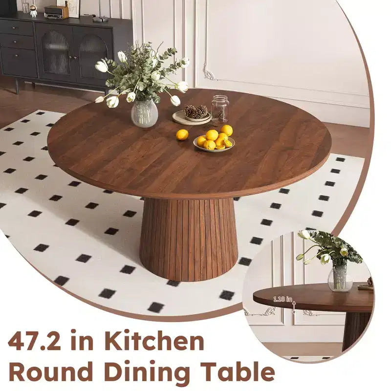 JVNOXK Table à manger ronde 47 en MDF pour 4 personnes, table de cuisine moderne de style campagnard avec piétement en bandes de bois, table ronde finition noyer pour cuisine et salon