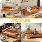 Canapé-lit futon 3 places en similicuir, convertible avec dossiers, accoudoirs et appuie-têtes réglables, avec deux sections distinctes.