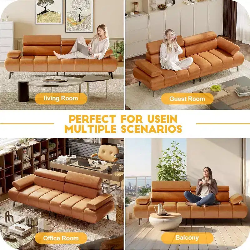 Canapé-lit futon 3 places en similicuir, convertible avec dossiers, accoudoirs et appuie-têtes réglables, avec deux sections distinctes.