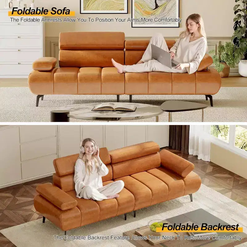 Canapé-lit futon 3 places en similicuir, convertible avec dossiers, accoudoirs et appuie-têtes réglables, avec deux sections distinctes.