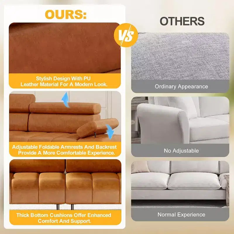 Canapé-lit futon 3 places en similicuir, convertible avec dossiers, accoudoirs et appuie-têtes réglables, avec deux sections distinctes.
