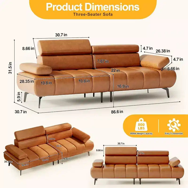 Canapé-lit futon 3 places en similicuir, convertible avec dossiers, accoudoirs et appuie-têtes réglables, avec deux sections distinctes.